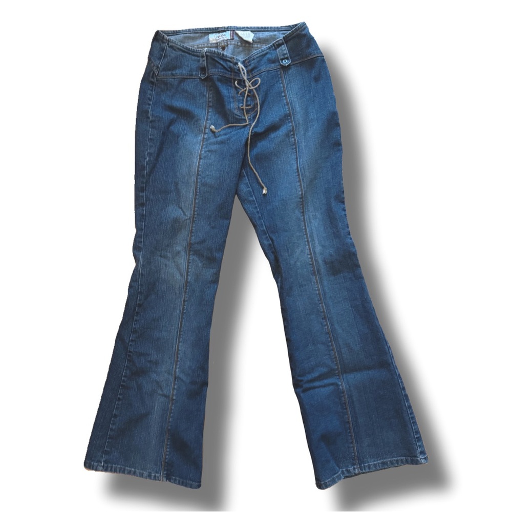 Low rise flare jeans with lace-up detail
